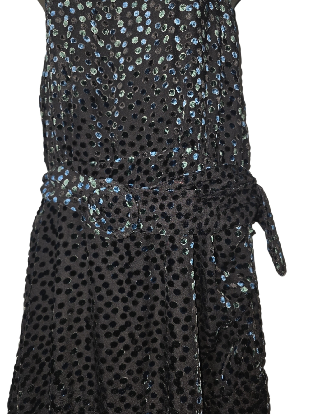 Mango MNG Velvet Polka Dot Halter Maxi Dress Black Teal Devore Belted Size 6 - Picture 7 of 10
